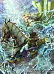  1girl back belt blue_eyes book boots bracelet cape cloud earrings electricity fire_emblem fire_emblem:_the_sacred_stones fire_emblem_cipher gloves horse horseback_riding jewelry long_hair official_art riding rock selena_(fire_emblem:_the_sacred_stones) sky solo 