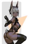  1girl :p animal_ears arm_strap ass back bangs bare_shoulders belt black_gloves black_legwear bow bowtie breasts brown_eyes bunny_ears bunny_tail dark_skin eyebrows_visible_through_hair gloves grey_hair highres leg_up leotard looking_at_viewer muni_(fdrk) original short_hair sideboob smile solo tail thighhighs tongue tongue_out wrist_cuffs 