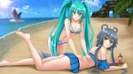  2girls :q animal bare_arms bare_legs bare_shoulders barefoot bikini bikini_skirt bird blue_bikini blue_sky blurry blurry_background breasts cleavage closed_mouth cloud commentary commission crossover day depth_of_field green_eyes green_hair grey_hair hair_ribbon hair_rings hatsune_miku highres horizon kazenokaze kneeling leg_up long_hair luo_tianyi lying medium_breasts multiple_girls ocean on_stomach outdoors ribbon sky smile striped striped_bikini swimsuit thighhighs tongue tongue_out twintails very_long_hair vocaloid vsinger water wavy_mouth white_legwear white_ribbon 