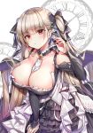  1girl azur_lane bangs bare_shoulders between_breasts black_dress blonde_hair blush breasts cleavage clock dress earrings eyebrows_visible_through_hair formidable_(azur_lane) frilled_dress frills hair_ribbon hand_on_own_thigh hand_up highres jewelry large_breasts leaning_forward long_hair long_sleeves looking_at_viewer maett red_eyes ribbon solo stud_earrings twintails two-tone_dress two-tone_ribbon very_long_hair 