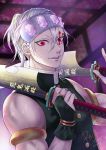  1boy armband artist_name bridal_gauntlets dual_wielding earrings facial_mark headband highres holding jewelry kimetsu_no_yaiba lips looking_at_viewer male_focus mikaeri pink_eyes ponytail signature silver_hair solo sword teeth upper_body uzui_tengen weapon 