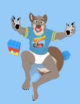  2019 5_fingers absurd_res anthro blue_eyes brick brooks canid canine canis claws clothing colt3n diaper fingers fur grey_fur hi_res lego looking_at_viewer looking_up male mammal paws shirt simple_background sitting solo topwear wolf 