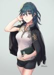  1girl black_shorts blue_eyes blue_hair book byleth_(fire_emblem) byleth_(fire_emblem)_(female) closed_mouth fire_emblem fire_emblem:_three_houses grey_background hashiko_(neleven) holding holding_book shorts simple_background sleeveless solo twitter_username 