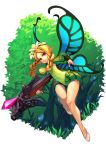  1girl absurdres blonde_hair bow_(weapon) braid butterfly_wings commentary crossbow detached_sleeves fairy flower gem grass head_wreath highres holding holding_bow_(weapon) holding_weapon leotard long_hair long_sleeves mercedes odin_sphere open_mouth pointy_ears puffy_sleeves red_eyes shoes solo splish tree twin_braids weapon white_footwear wings 
