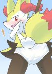  ! 2019 ambiguous_gender anthro black_fur blush braixen clothing cute_fangs ear_tuft fluffy fluffy_tail fur furgonomics hi_res looking_back nintendo open_mouth orange_fur panties pok&eacute;mon pok&eacute;mon_(species) red_eyes solo tuft underwear video_games wadorigi white_fur white_panties yellow_fur 