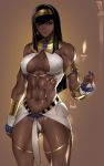  1girl abs black_hair bowalia brown_eyes dark_skin egyptian_clothes headband muscle muscular_female original smile solo 