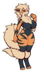  5_fingers anthro arcanine big_breasts breasts canid canine featureless_breasts female fingers fur garasaki hair hi_res mammal navel nintendo nude orange_fur pok&eacute;mon pok&eacute;mon_(species) red_eyes simple_background smile snout solo standing video_games white_background wide_hips 