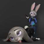  1:1 2019 3d_(artwork) anthro black_background black_clothing bodysuit claws clothing digital_media_(artwork) disney duo eyebrows eyelashes female female/female fingers fur grey_fur half-closed_eyes handwear hi_res holding_object holding_weapon judy_hopps lagomorph leporid long_ears lying mammal melo multicolored_ears multicolored_fur on_front open_mouth pink_nose police_badge police_uniform purple_eyes rabbit short_tail simple_background skinsuit smile standing tight_clothing toeless_legwear tongue tongue_out tranquilizer uniform weapon white_fur zootopia 