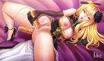  1girl achromaru blonde_hair breasts breasts_outside chinese_clothes dildo double_penetration jin-lian masturbation 