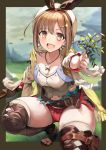  1girl :d atelier_(series) atelier_ryza belt blue_belt blurry blurry_background boots breasts bridal_legwear brown_belt brown_eyes brown_gloves cleavage commentary_request eyebrows_visible_through_hair flask gloves hair_ornament hairclip highres jacket jewelry leather leather_belt leather_gloves looking_at_viewer medium_breasts necklace open_mouth outdoors outstretched_hand red_shorts reisalin_stout round-bottom_flask short_shorts shorts single_glove sleeveless sleeveless_jacket smile soma_anti squatting star star_necklace thigh_pouch thighs toeless_boots vial white_headwear yellow_jacket 