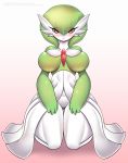  big_forearms blush breasts butt_from_the_front featureless_crotch female gardevoir hi_res humanoid kneeling kyodashiro looking_at_viewer nintendo not_furry pok&eacute;mon pok&eacute;mon_(species) red_eyes solo thick_thighs video_games wide_hips 