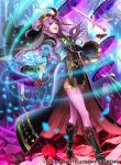  1girl axe beret boots bow_(weapon) character_name character_request feathers fire_emblem fire_emblem:_three_houses fire_emblem_cipher flower gloves hat long_hair magic_circle official_art open_mouth petals pink_eyes pink_hair rose solo sparkle sword teeth thighhighs veil weapon 
