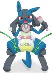  2019 absurd_res ambiguous_gender anthro bib black_fur blue_fur blush bodily_fluids bound chest_spike crying diaper english_text fangs fur genital_fluids hand_spike hi_res leaking_diaper looking_at_viewer lucario lying nintendo nyanyakotarou on_back open_mouth pok&eacute;mon pok&eacute;mon_(species) red_eyes solo spread_legs spreading tears text tongue urine video_games wet_diaper wetting 