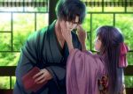  1boy 1girl adjusting_another&#039;s_eyewear backlighting black_hair blue_kimono blush book bow closed_eyes day glasses hands_up hetero holding holding_book indoors izumi_(stardustalone) japanese_clothes kimono long_hair looking_at_another pink_bow pink_kimono renri_no_chigiri_wo_kimi_to_shiru standing wide_sleeves 