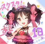  1girl apple_caramel black_hair bow character_name dress earrings flower gloves hair_ornament hairclip heart heart_tattoo jewelry love_live! love_live!_school_idol_project nico_nico_nii one_eye_closed pink_dress pink_gloves pose red_eyes short_hair smile solo star tattoo twintails upper_body white_background yazawa_nico 