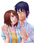  1boy 1girl bangs black_hair blue_shirt blush bob_cut boku_dake_ga_inai_machi brown_eyes brown_hair commentary_request dress_shirt fujinuma_satoru glasses hand_on_another&#039;s_shoulder hinazuki_kayo holding_hands light_smile older parted_lips shirt short_hair simple_background smile upper_body white_background white_shirt yellow_shirt yosui 