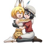  1:1 2019 animal_humanoid armwear blonde_hair blush bottomwear breasts clothed clothing eyes_closed felid felid_humanoid feline feline_humanoid female gloves hair handwear hug human human_and_animal_ears humanoid inner_ear_fluff kaban-chan kemono_friends mammal mammal_humanoid mix_2180 multi_ear open_mouth serval-chan serval_humanoid smile spots 