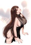  1girl bangs bare_shoulders black_dress breasts brown_hair cleavage commentary dress dsr-50_(girls_frontline) earrings evening_gown girls_frontline jewelry large_breasts long_hair red_eyes sideboob siun solo thighs 