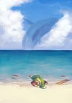  1boy beach blonde_hair cloud green_headwear hat koto_inari link ocean plank pointy_ears the_legend_of_zelda the_legend_of_zelda:_link&#039;s_awakening unconscious wind_fish 