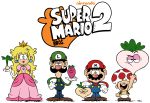  1girl 3boys black_hair blonde_hair clothed clothing crossover crown dress female front_view gloves group hair highres holding holding_object holding_vegetable logo looking_at_viewer luigi male mario mario_(series) mario_bros mast3r-rainb0w mushroom_hat mustache nickelodeon nintendo open_mouth overalls pink_dress princess_peach royalty shoes smile style_parody super_mario_bros. super_mario_bros._2 the_loud_house toad_(mario) transparent_background turnip unimpressed vegetable 