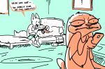  bed bodily_fluids buckteeth canid canine cellphone clothed clothing dialogue dildo disney duo english_text female fox inside judy_hopps lagomorph leporid male mammal nick_wilde nobby_(artist) phone rabbit sex_toy strapon sweat teeth text vertical_bar_eyes window zootopia 