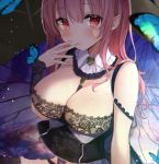  1girl bare_shoulders black_vest blush breasts bug butterfly cleavage commentary_request hand_up indoors insect koakuma lace large_breasts long_hair looking_at_viewer natsuki_(ukiwakudasai) parted_lips pointy_ears red_eyes red_hair solo touhou upper_body vest wrist_cuffs 