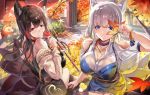  2girls akagi_(azur_lane) alternate_costume animal_ear_fluff animal_ears autumn autumn_leaves azur_lane bangs bare_shoulders blue_eyes blue_nails bracelet breasts brown_hair bush camisole casual choker cleavage collarbone commentary_request contemporary eyebrows_visible_through_hair falling_leaves fox_ears fox_tail himuro_(dobu_no_hotori) jewelry kaga_(azur_lane) kyuubi large_breasts leaf looking_at_viewer manjuu_(azur_lane) mochi multiple_girls multiple_tails nail_polish necklace off_shoulder oriental_umbrella outdoors red_eyes red_nails sidelocks sitting smile tail tree umbrella white_hair 