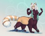  ailurid ailurid_taur blonde_hair blush breasts brown_fur brown_nipples cat_named_fish catnamedfish clothing female fur hair mammal mammal_taur navel nipples open_mouth post_transformation red_panda red_panda_taur ringtail solo surprise taur torn_clothing transformation 