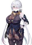  1girl armor atelier_(series) atelier_ryza bare_shoulders blush bodysuit breasts closed_mouth cowboy_shot fur_collar hair_ornament hair_over_one_eye hairclip hand_on_hip iku_(ikuchan_kaoru) large_breasts lila_decyrus long_hair looking_at_viewer low_twintails parted_lips purple_eyes silver_hair simple_background solo twintails very_long_hair white_background 