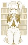  1girl :/ anzu_(hinamatsuri) barefoot belt black_shirt closed_mouth clothes_writing full_body furrowed_eyebrows hair_ribbon highres hinamatsuri_(manga) kazuzu kneeling looking_at_viewer monochrome own_hands_together pants ribbon shirt short_sleeves side_ponytail solo tears thick_eyebrows 