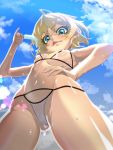  1girl ahoge ass ass_visible_through_thighs bikini blonde_hair blue_eyes blue_sky cameltoe closed_mouth commentary_request covered_nipples day don_(rg06268) flat_chest food highres looking_at_viewer micro_bikini navel outdoors popsicle sexually_suggestive shiny shiny_hair shiny_skin short_hair sky smile solo standing swimsuit tanya_degurechaff tongue tongue_out wet white_bikini youjo_senki 