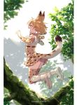  1girl animal_ear_fluff animal_ears bare_shoulders bey_(bey01st) blonde_hair bow bowtie branch closed_eyes commentary_request elbow_gloves extra_ears fang gloves high-waist_skirt jumping kemono_friends open_mouth print_gloves print_legwear print_neckwear print_skirt serval_(kemono_friends) serval_ears serval_print serval_tail shirt short_hair skirt sleeveless solo tail thighhighs tree white_shirt zettai_ryouiki 