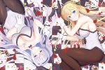  2girls animal_ears bare_arms bare_shoulders blonde_hair blue_eyes blurry bow bowtie braid breasts brown_legwear bunny_ears bunnysuit card checkered checkered_floor cleavage coin collarbone detached_collar fake_animal_ears flower_knight_girl frills gloves hair_ornament hair_spread_out hairband hairclip impossible_clothes impossible_leotard kinutasou_(flower_knight_girl) large_breasts leotard long_hair looking_at_viewer megi_(flower_knight_girl) multiple_girls naruse_mamoru pantyhose parted_lips petals playing_card sidelocks silver_hair white_gloves white_leotard wrist_cuffs 