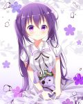  1girl bangs blush bow breasts camouflage_hat closed_mouth collarbone commentary_request deyui dress ears_through_headwear eyebrows_visible_through_hair eyepatch flower gochuumon_wa_usagi_desu_ka? gradient gradient_background hair_between_eyes long_hair medium_breasts puffy_short_sleeves puffy_sleeves purple_background purple_eyes purple_flower purple_hair sailor_collar sailor_dress short_sleeves signature smile solo striped striped_bow stuffed_animal stuffed_bunny stuffed_toy tedeza_rize twintails very_long_hair water_drop white_background white_bow white_dress white_sailor_collar 