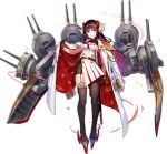 1girl aiguillette azur_lane bike_shorts black_gloves breasts brown_hair brown_legwear chain closed_mouth coat curled_horns double-breasted epaulettes flower fuji_choko full_body garter_straps gloves hair_flower hair_ornament jacket_on_shoulders katana long_hair looking_at_viewer machinery medium_breasts military military_uniform mismatched_legwear official_art open_clothes open_coat pantyhose pleated_skirt purple_eyes rudder_footwear sheath sheathed shirt side_slit single_thighhigh skirt solo standing suruga_(azur_lane) sword tachi-e thighhighs transparent_background turret uniform weapon white_coat white_shirt white_skirt wing_collar 