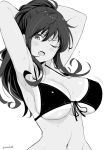  1girl armpits arms_up bangs blush breasts cleavage curly_hair eyebrows_visible_through_hair fang front-tie_bikini front-tie_top grey_background greyscale hair_between_eyes halter_top halterneck kichihachi large_breasts long_hair looking_at_viewer monochrome motion_lines navel open_mouth original ponytail simple_background skin_fang solo stomach tan tanline twitter_username upper_body 