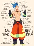  1boy adonis_belt black_gloves directional_arrow double_v english_text firefighter full_body galo_thymos gloves hair_over_one_eye highres igote male_focus navel nipples pouch promare ropi_(gmkr_66) shirtless solo sparkle spiked_hair toned toned_male uniform v 