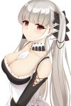  1girl absurdres azur_lane bare_shoulders black_bow black_dress blurry bow breasts cleavage collarbone detached_collar dress formidable_(azur_lane) frilled_dress frills hair_bow highres large_breasts long_hair long_sleeves looking_at_viewer red_eyes rko_(a470350510) silver_hair simple_background smile solo twintails upper_body very_long_hair white_background 