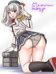  1girl all_fours artist_logo ass beret black_headwear black_legwear black_skirt blue_eyes buttons dated epaulettes feet_out_of_frame frilled_sleeves frills from_behind gloves grey_panties hat jacket kantai_collection kashima_(kantai_collection) kneehighs long_sleeves machinery military military_jacket military_uniform miniskirt neckerchief panties pleated_skirt red_neckwear sidelocks silver_hair simple_background skirt solo tatsumi_ray twintails twitter_username underwear uniform wavy_hair white_background white_gloves white_jacket 