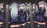  6+girls beret black_legwear clone closed_mouth commission english_commentary facial_mark girls_frontline gloves goggles goggles_around_neck green_eyes hair_ornament hat hk416_(girls_frontline) holding_mirror jacket long_hair long_sleeves mirror multiple_girls persocon93 pleated_skirt reflection sidelocks silver_hair skirt thighhighs white_gloves 