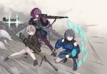  3girls aiming bolt_action cannon carcano carcano_m1891_(girls_frontline) cheytac_m200 chinese_commentary commentary_request dust_cloud firing girls_frontline grey_hair gun handgun m200_(girls_frontline) multiple_girls p22_(girls_frontline) pantyhose pistol purple_hair rifle shield sniper_rifle squatting tab_(tabkun) walther_p22 weapon 
