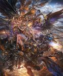  1girl absurdly_long_hair armlet artist_request bare_shoulders breasts canyon chain cloud cloudy_sky creature crossed_legs dress feathered_wings gold_trim hair_between_eyes horns long_hair medium_breasts official_art sandals shadowverse sky very_long_hair vesha_herald_of_ravage white_dress white_hair wings 