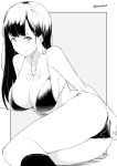  1girl ass bangs blush breasts cleavage closed_mouth covering covering_ass eyebrows_visible_through_hair greyscale kichihachi kneehighs large_breasts long_hair looking_at_viewer loose_neckwear lying monochrome neck_ribbon o-ring o-ring_bikini on_side original outside_border ribbon simple_background smile solo straight_hair twitter_username 