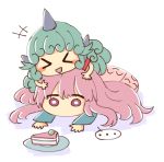  &gt;_&lt; ... 2girls :d bangs blue_shirt blush_stickers cake commentary curly_hair english_commentary eyebrows_visible_through_hair food girl_on_top green_hair hata_no_kokoro horn komano_aun long_hair long_sleeves lying multiple_girls on_stomach open_mouth pink_eyes pink_hair pink_skirt plate red_shirt shirt simple_background skirt smile spoken_ellipsis touhou white_background wool_(miwol) 