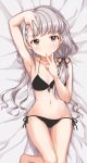  1girl arm_up armpits ass_visible_through_thighs bed bikini black_bikini breasts brown_eyes cleavage commentary_request double_v hisakawa_nagi idolmaster idolmaster_cinderella_girls long_hair low_twintails lying narunaru1320 navel on_back side-tie_bikini silver_hair small_breasts solo swimsuit thigh_gap twintails v 
