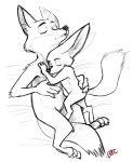  absurd_res black_and_white boreoboros canid canine disney duo eyes_closed fennec finnick fox hi_res holding_(disambiguation) male mammal monochrome nick_wilde nude sketch sleeping zootopia 