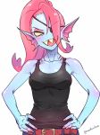  1girl blue_skin blush eyepatch head_fins highres long_hair looking_at_viewer monster_girl noaharbre open_mouth ponytail red_hair sharp_teeth shirt simple_background smile solo tank_top teeth undertale undyne white_background yellow_sclera yellow_skin yellow_teeth 