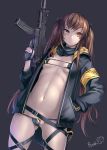  1girl absurdres armband bikini black_bikini black_jacket black_scarf bosshi breasts brown_hair cameltoe cowboy_shot enty_reward girls_frontline gun h&amp;k_ump9 hair_ribbon hand_in_pocket highres holding holding_gun holding_weapon jacket long_hair long_sleeves navel open_clothes open_jacket paid_reward ribbon scar scar_across_eye scarf small_breasts solo swimsuit twintails ump9_(girls_frontline) weapon 