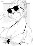  1girl adjusting_eyewear bikini blush breasts cleavage collarbone eyewear_on_head front-tie_bikini front-tie_top grin hair_bun hands_up kichihachi large_breasts one_eye_closed original outside_border parted_lips simple_background smile solo sunglasses swimsuit twitter_username upper_body 