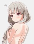  1girl bare_back bareback braid breasts brown_eyes commentary_request covering covering_breasts from_behind grey_background highres hisakawa_nagi idolmaster idolmaster_cinderella_girls long_hair looking_back low_twintails narunaru1320 nipple_slip nipples silver_hair simple_background small_breasts solo topless twintails upper_body 